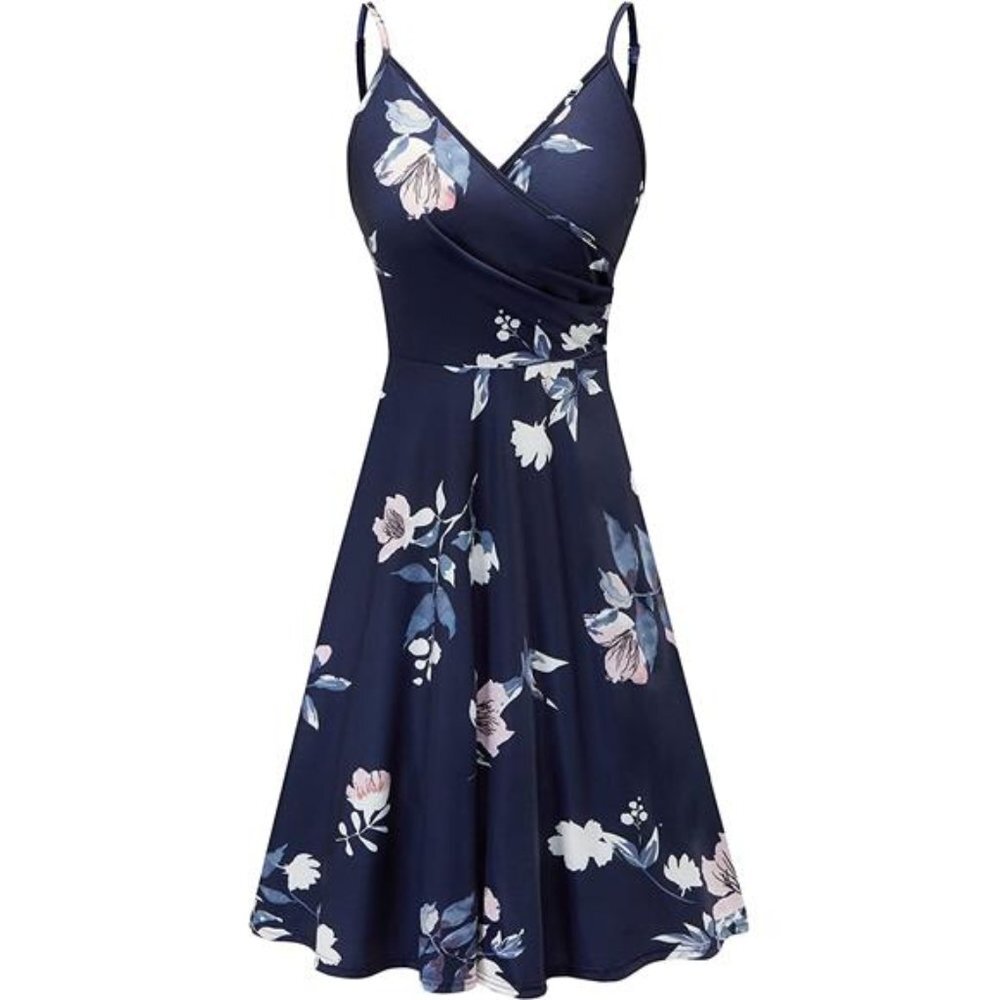 V-Neck Floral Spaghetti Strap Summer Casual Dress Sleeveless Midi Sundress - Picture 3 of 6